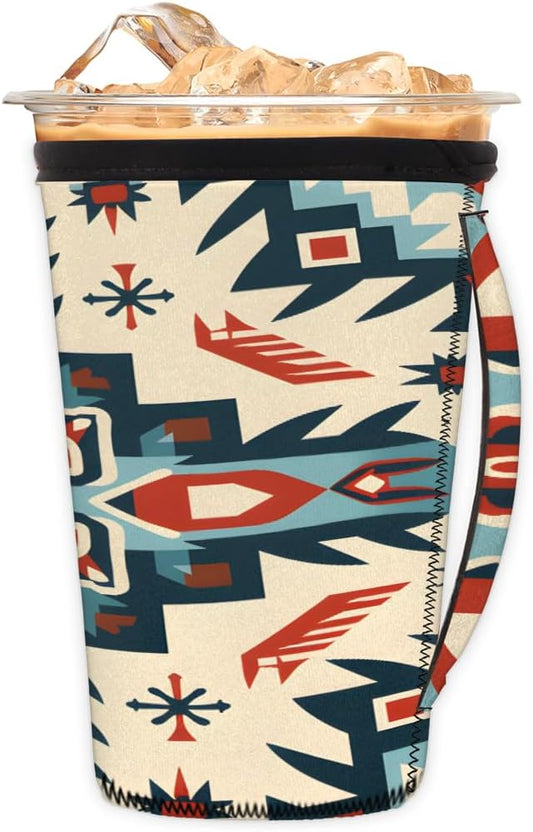Reusable Iced Coffee Cup Sleeve Aztec Western Neoprene Insulated Sleeves Cup Holder with handle Idea for 24oz - 28oz