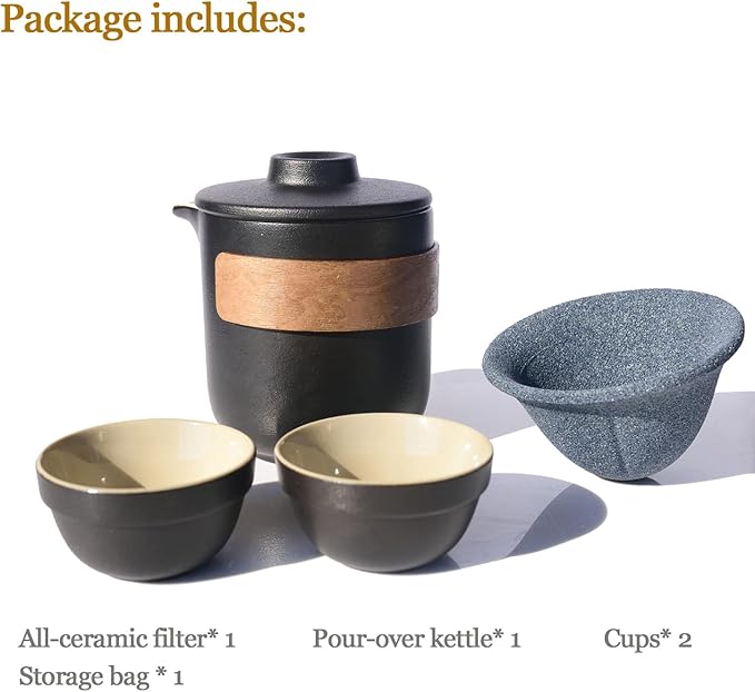 Pour Over Coffee Maker - All-Ceramic Drip Set, Single Serve Coffee Maker with Pour Over Dripper, Reusable Ceramic Filter & Carafe, Portable Travel Drip Kit with Cup + Storage Bag