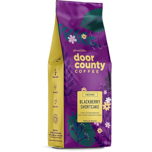 Door County Coffee Blackberry Shortcake, Flavored Coffee Ground - 8 oz Bag - Spring-Summer Seasonal - Medium Roast - 100% Specialty Arabica - Blackberries & Sweet Cream Flavored