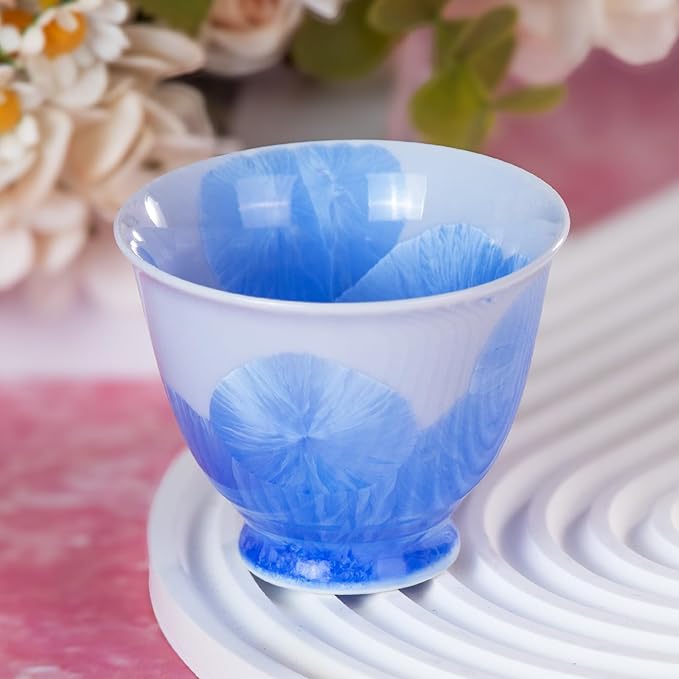 KAMMAK Ceramic Tea & Coffee Cups Set of 2 - Vintage Crystalline Glaze Espresso Mugs, 3.2oz Hand Painted for Afternoon Tea or Coffee, Birthday Gift for Women Men, Pink + Blue