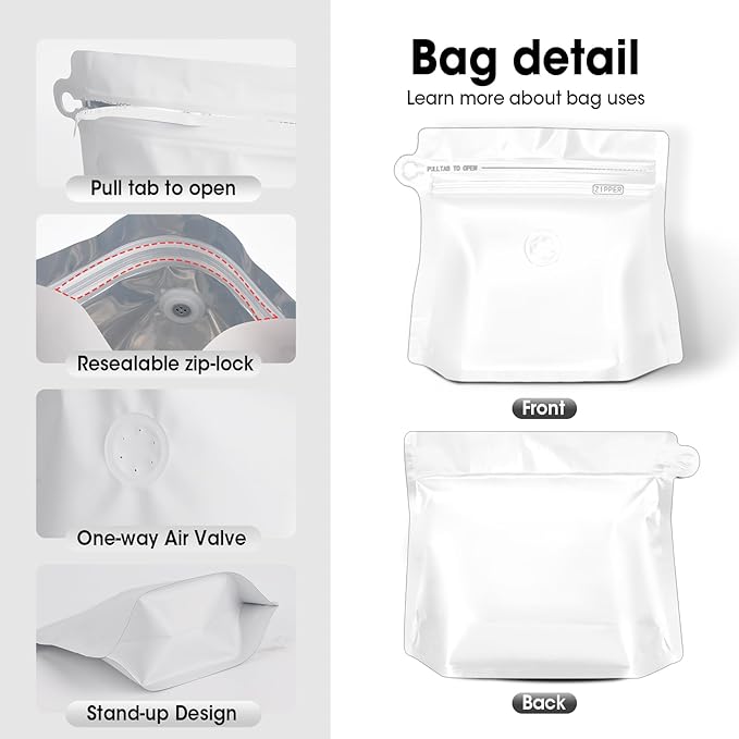 5oz 1/3 lb 60pcs Coffee Bags with Valve,Vented Coffee Bag Barrier Bag Store Bag Coffee Packaging Storage Pouches Stand-up Bags for Food Diamond Shaped Need to Use Heat Sealing Machine （White）