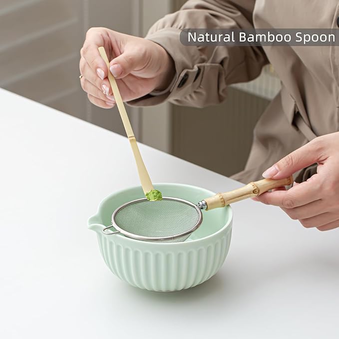 Matcha Whisk Set, Matcha Set Includes Ceramic Matcha Bowl, Matcha Whisk and Holder, Bamboo Scoop, Sifter, Scoop Rest and Tea Towel - 7 Pcs Matcha Making Kit for Matcha Lover and Tea Ceremony