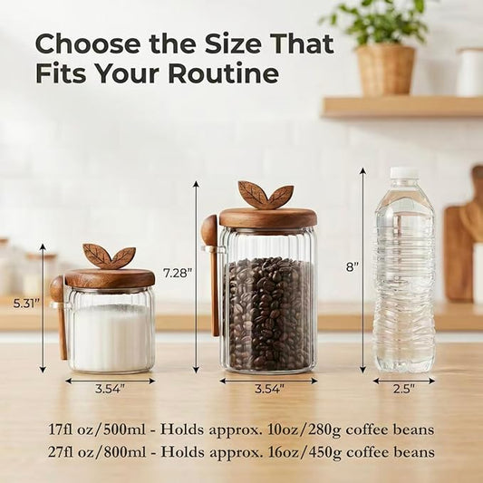 Glass Coffee Canister with Wooden Lid & Spoon, Airtight Food Storage Jar for Coffee, Sugar, Salt, Tea & Snacks (17floz x 2)
