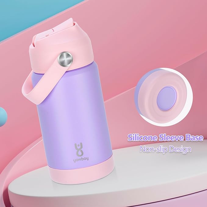 Kids Insulated Water Bottle with Straw Lid & Silicone Handle,12oz Kids Leak Proof Water Bottle for School Boys Girls,Double Wall Vacuum Stainless Steel with Non-slip Silicone Base(Light Purple)