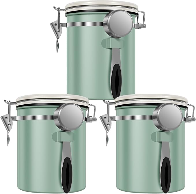 3PCS Coffee Storage Canister 1.5L 51OZ Double Airtight Coffee Beans Container with Date Locator 304 Stainless Steel Kitchen Food Storage Container with Spoon For Coffee Beans Grounds Tea Sugar