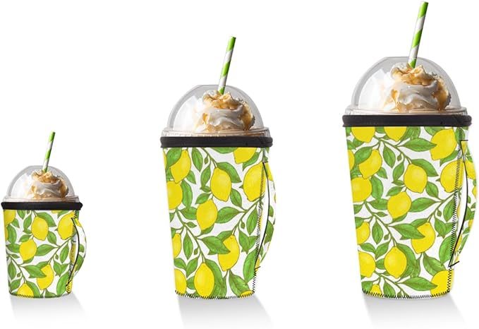 Lemon Reusable Insulator Coffee Sleeves for Drinks Beverages, Neoprene Holder with Handle for Most Coffee or Ice Drink, 30-32oz