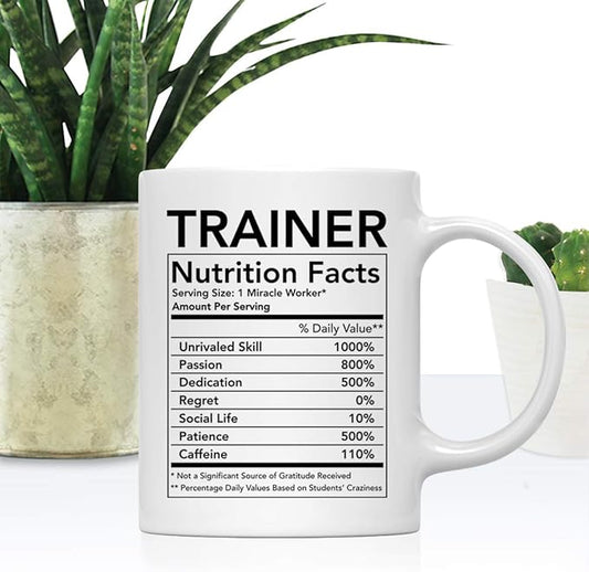 Andaz Press Funny 11oz. Ceramic Coffee Tea Mug Thank You Gift, Trainer Nutritional Facts, 1-Pack
