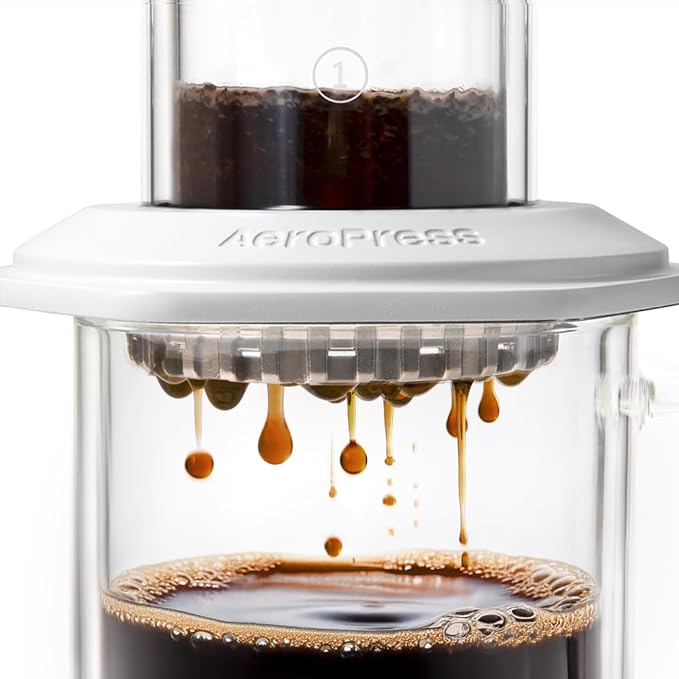 AeroPress Premium Coffee Press, Glass, Stainless Steel & Aluminum Coffee Maker, all-in-One French Press, Pour-Over & Espresso-Style manual brewer, 2 min brew for less bitterness, more flavor (White)