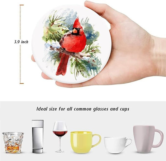 LOKMU Coasters for Drinks,Round Absorbent Ceramic Stone Coaster Sets of 6 with Metal Holder Stand,Watercolor Christmas Coasters with Cork Base for Coffee Wooden Table,Housewarming Gifts