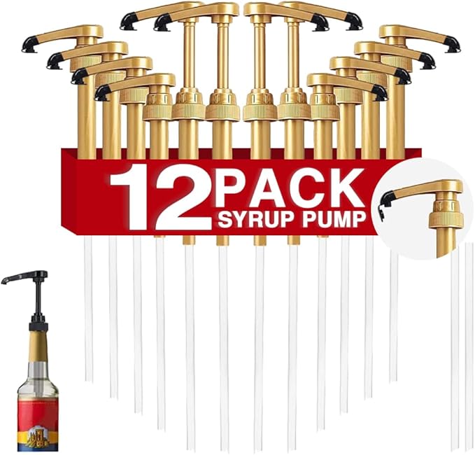 12 pcs Syrup Pumps with Cap to Avoid Dripping, Leak Proof Coffee Syrup Dispenser, Fits 25.4 Oz/750ml Coffee Flavoring Syrup Bottles, Great for Home & Coffee Bar Drinking Mixes, Cocktails, Beverage