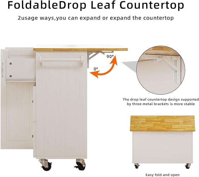 4 EVER WINNER Kitchen Island with Storage on Wheels, Rolling Kitchen Island with Spice Rack & Towel Rack, Portable Island Table for Kitchen, White