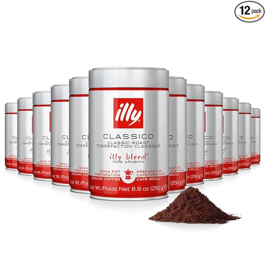 illy Ground Moka Coffee, Intenso Dark Roast, 100% Arabica, Premium Italian Coffee, Pre-Ground for Moka Pot or Stovetop Brewing, 8.8oz, 12 Pack