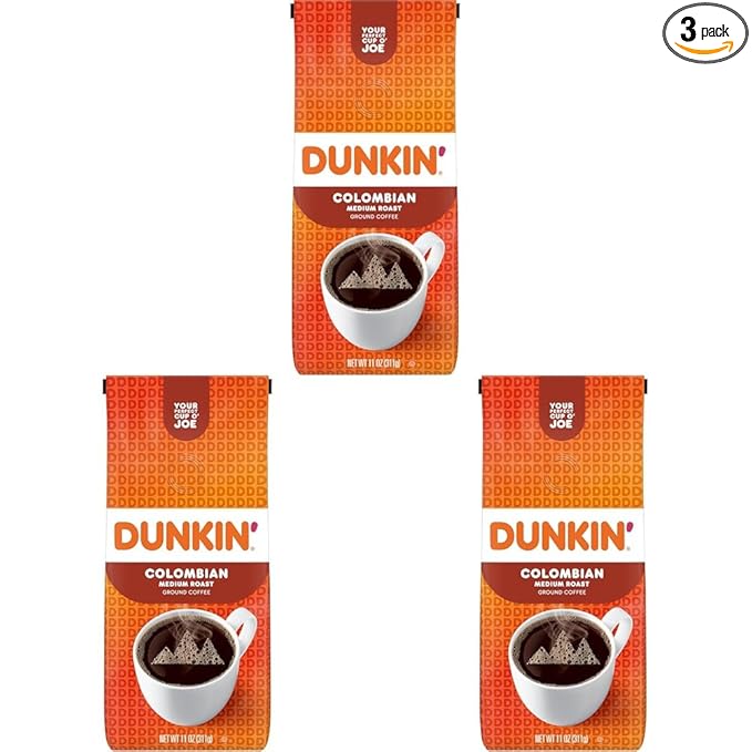 Dunkin' 100% Colombian Medium Roast Ground Coffee, 11 Ounces (Pack of 3)