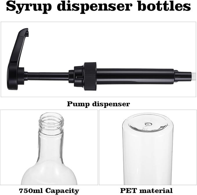 6 Pcs 25 oz Syrup Bottles with Pump Long Neck Bottles Plastic Syrup Pump Dispenser for Coffee Bar Accessories Home Party