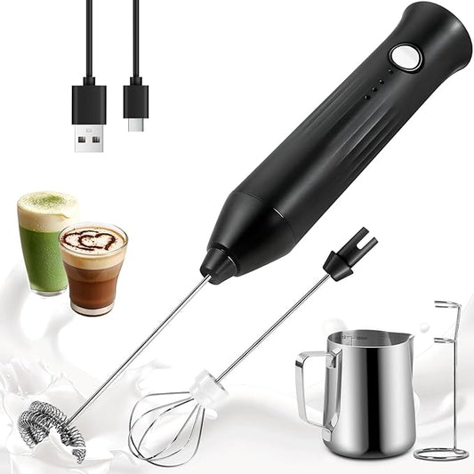 Powerful Milk Frother - Electric Handheld Milk Foam Maker with Stand, Milk Jug and 2 Stainless Steel Whisks, Rechargeable 3 Speeds for Coffee Lattes Cappuccino Matcha（Black）