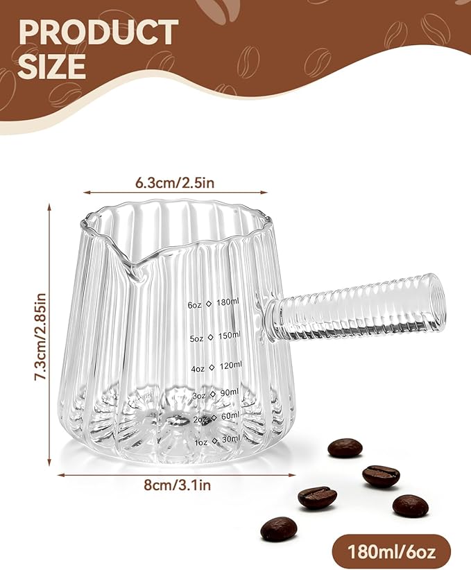6OZ Glass Measuring Cup - 180ml Borosilicate Glass Espresso Shot Glass with Glass Handle, V-Shaped Spout for Milk Frothing, Espresso Accessories for Machine, Dishwasher Safe