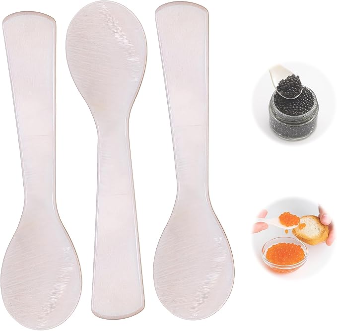 Caviar Spoons, Mother of Pearl Caviar Spoon Set of 3 with Hand Craft W Round Handle for Egg, Ice Cream, Coffee, Restaurant Serving (3.5'')