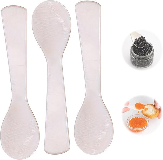 Caviar Spoons, Mother of Pearl Caviar Spoon Set of 3 with Hand Craft W Round Handle for Egg, Ice Cream, Coffee, Restaurant Serving (3.5'')