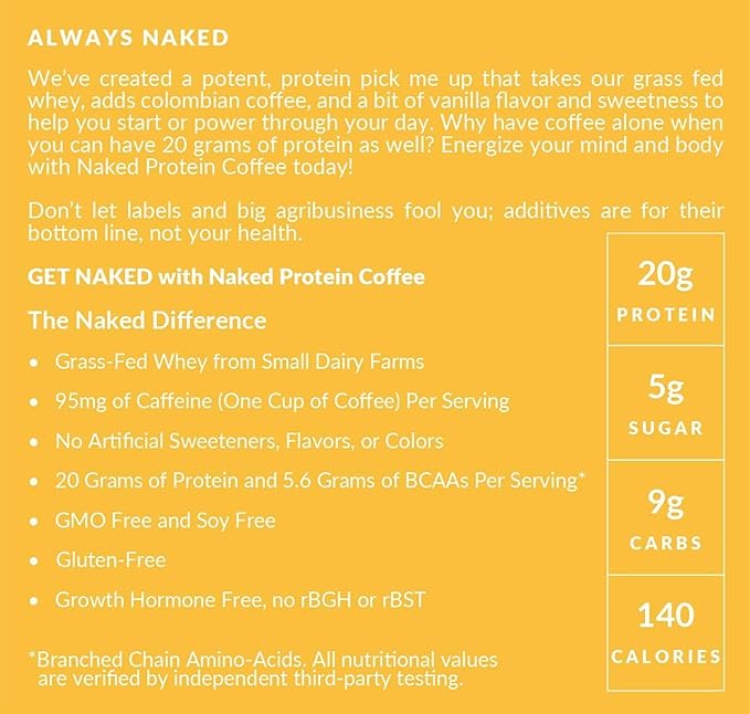 NAKED Vanilla Latte Protein Coffee - Premium Colombian Iced Coffee Protein Shake Drink, Delicious Keto Friendly and Gluten Free, 17 Servings