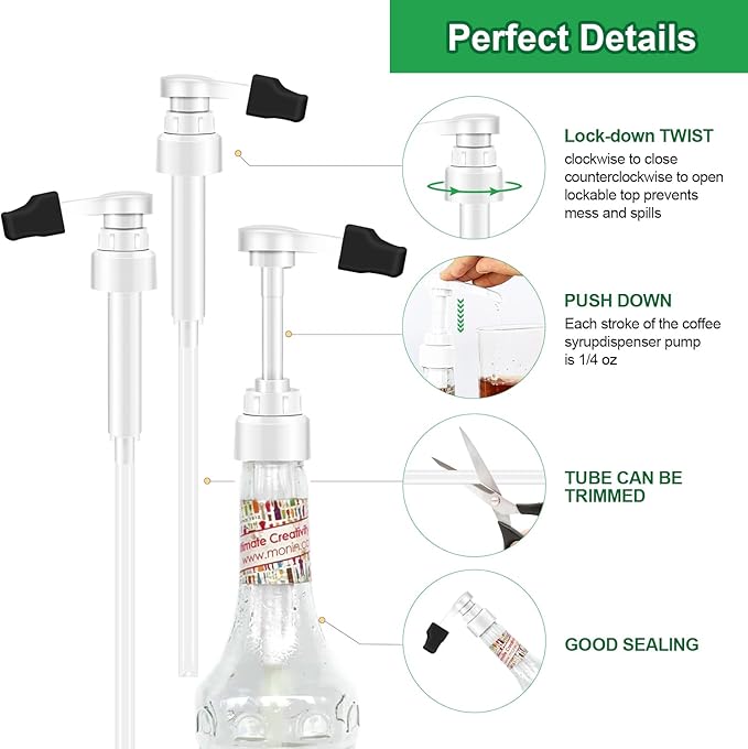 Coffee Syrup Pump for 750 ml Bottle – 4 Pack Syrup Dispenser Pumps Compatible with Monin Glass Bottles – No Clog, Precise Dispensing, Includes 4 Tip Covers – for Coffee Bar, Kitchen, White