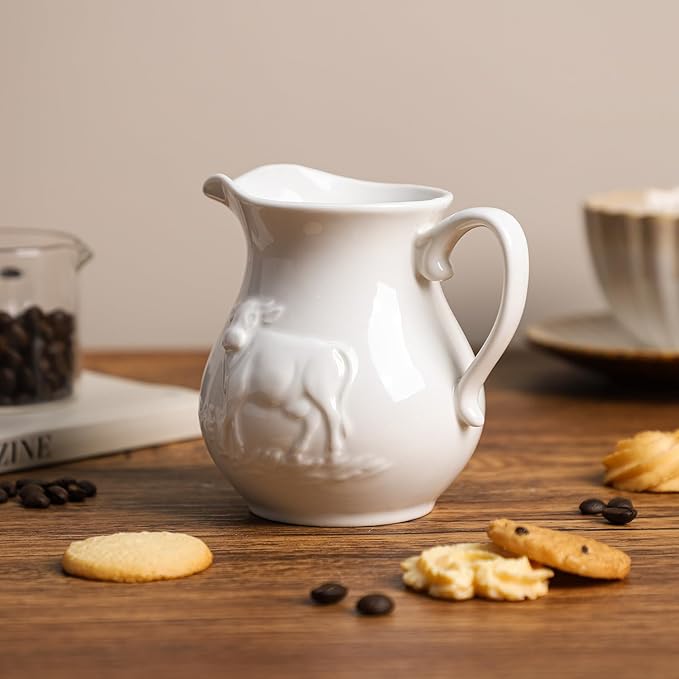 CHOOLD Pure White Ceramic Creamer with Handle,Coffee Milk Creamer Pitcher, Serving Pitcher Sauce-Cow