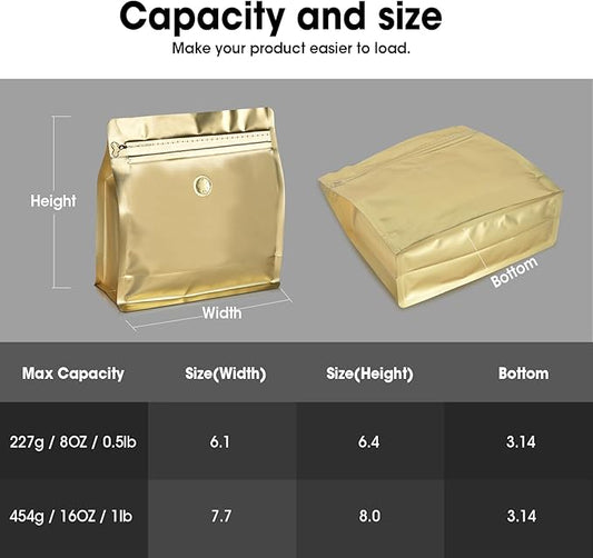 50 Count 16oz Coffee Bags with Valve,1lb Vented Coffee Beans Packaging Bags High Barrier Aluminumed Foil Flat Bottom Heat Sealed Side Zipper Resealable Storage Bag for Home or Business（Gold）
