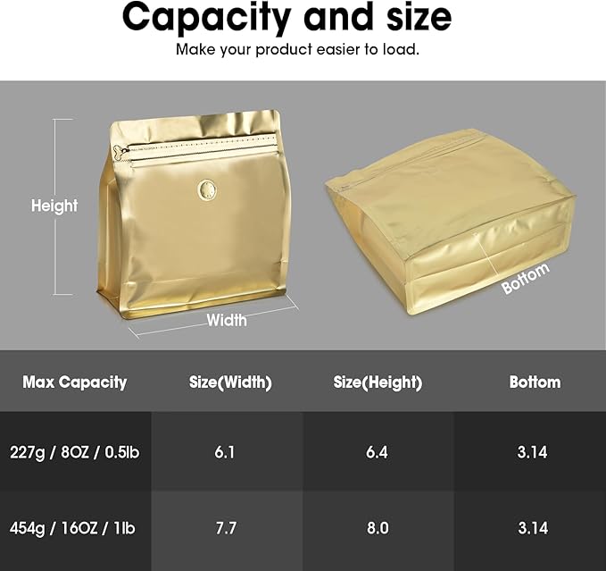 50 Count 8oz Coffee Bags with Valve,1/2 lb Vented Coffee Beans Packaging Bags High Barrier Aluminumed Foil Flat Bottom Heat Sealed Side Zipper Resealable Storage Bag for Home or Business（Gold）