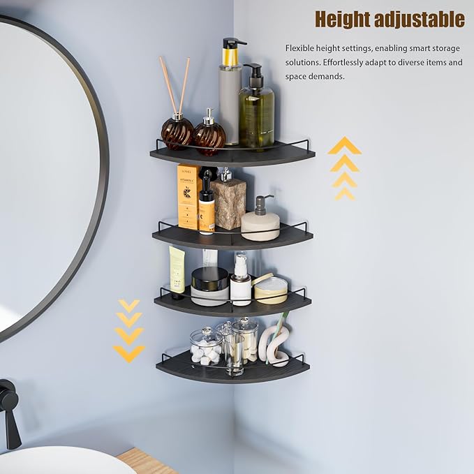 Corner Shelf Wall Mount, Floating Corner Shelves, Set of 4 Corner Wall Shelf Organizer,Rustic Wood Wall Storage Display Shelves forLiving Room Bedroom Bathroom Kitchen,Black
