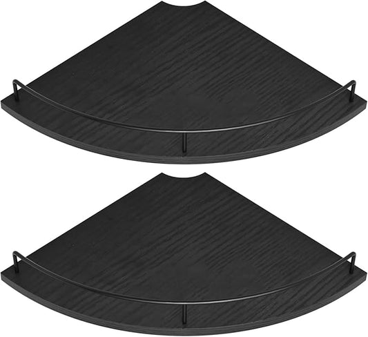 Corner Floating Shelves, Rustic Brown Wood, Set of 2, Wall Mount Storage with Guardrail for Bathroom Kitchen Living Room (Black)