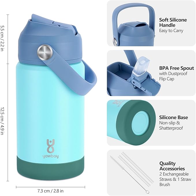 Kids Insulated Water Bottle with Straw Lid & Silicone Handle,12oz Kids Leak Proof Water Bottle for School Boys Girls,Double Wall Vacuum Stainless Steel with Non-slip Silicone Base(Light Green)