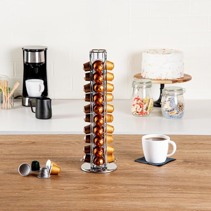 Restaurantware Restpresso 4.5 x 14.6 Inch Coffee Capsule Holder 1 Durable Pod Carousel - Holds 40 Nespresso Capsules 360-Degree Rotatable Iron Espresso Pod Organizer Pods Not Included