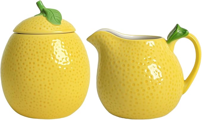 CHOOLD Ceramic Lemon Shape Creamer and Sugar Bowl Set, Cream Pitcher, Sugar Bowl with Lid, Coffee Serving Set