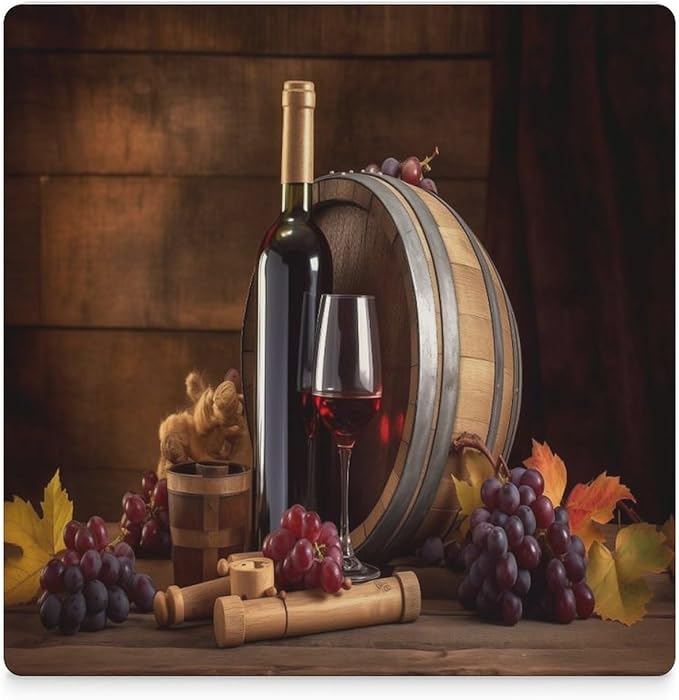 Square-6PCS Red Wine Ceramic Coasters, Square Absorbent Drink Coasters, Vintage Wood Grain Style Red Wine Grapes Maple Leaf Ceramic Table Coasters for Coffee, Beverage, Wine, Beer Coasters