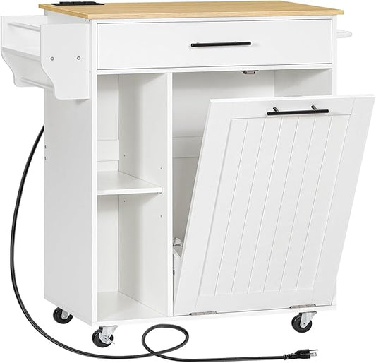 HOOBRO Kitchen Island with Trash Can Storage, Rolling Kitchen Island on Wheels, Kitchen Storage Island with Power Outlet, Mobile Islands Table for 10 Gallon Garbage Bin, Natural and White WN80UZD01G1