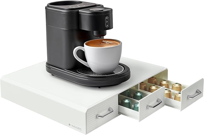 Navaris Coffee Capsule Triple Drawer - Coffee Pod Storage Drawer - Space-Saving Coffee Pods Organizer for Your Kitchen - Coffee Holder for Countertop - Fits Up to 48 Cups - White