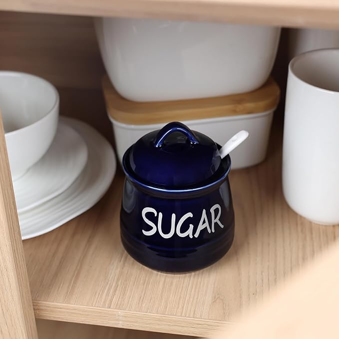 HAOTOP Porcelain Sugar Bowl with Lid and Spoon 12 oz (Navy)