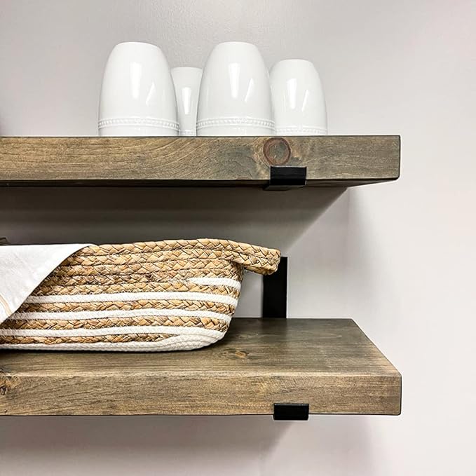 Rustic Shelves with J-Brackets Set of 2, Industrial Shelf, Kitchen Shelves, Solid Wood, Decorative Wall Storage, Heavy Duty, URBANDI (Grey, 48Wx10D)