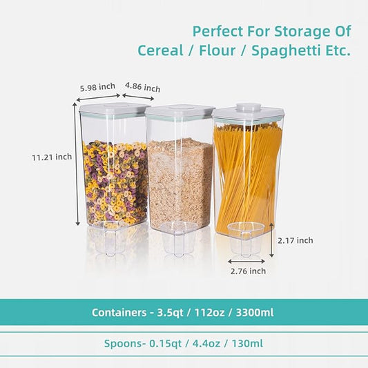 Ankou Airtight Pop Cereal Container, 3300ml Each Large Cereal Containers with Scoops Food Storage Canister Dispenser Perfect For Cereal Flour Spaghetti Rice Kitchen Organizing 3.5qt