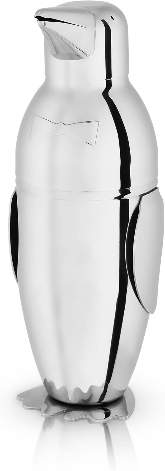 Viski Penguin Cocktail Shaker with Strainer, Stainless Steel Cobbler Shaker for Margaritas, Whiskey Sours & Other Cocktails, Bar Cart Accessories for Home Bars, Cocktail Party Essentials, 17 oz