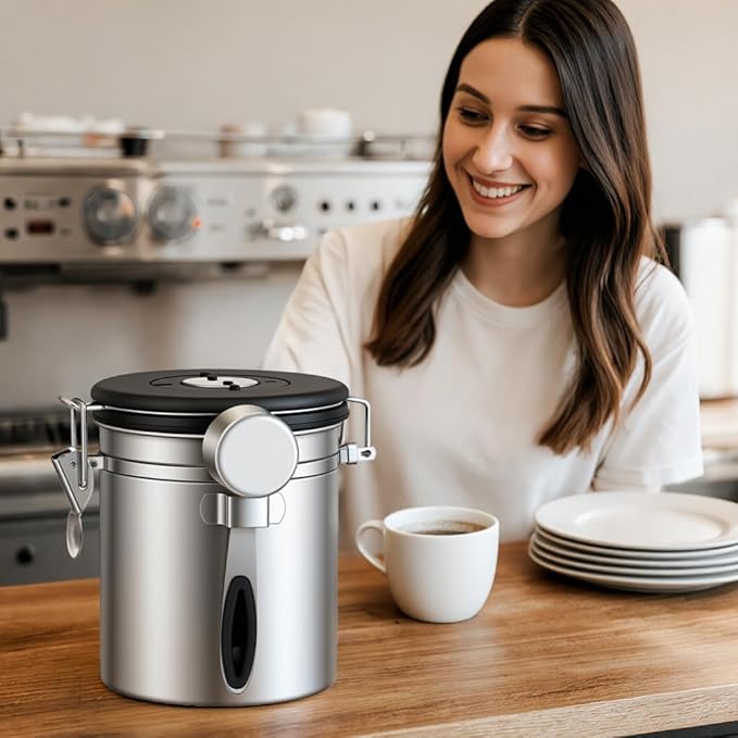 ShanSon Coffee Canister Airtight Coffee Container Stainless Steel Coffee Bean Storage Container with Scoop Coffee Canister for Beans Grounds Sugar Flour Tea Cereal,11OZ,Silver