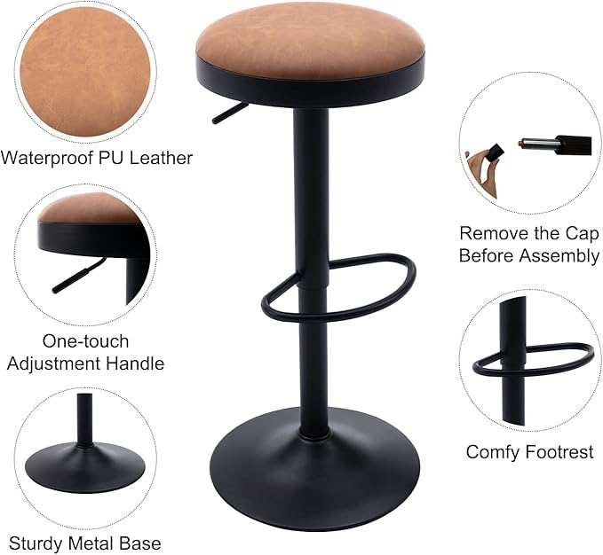 Round Swivel Counter Height Bar Stools Set of 2 Modern Adjustable Barstools Backless PU Leather Bar Chairs Industrial Island Chairs with Metal Base/Footrest for Kitchen Island/Pub/Bar, Brown