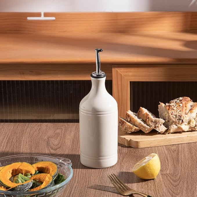 Sweejar Ceramic Olive Oil Dispenser Bottle, Opaque Oil Cruet Protects to Reduce Oxidation, Suitable for Storage Vinegar, Coffee Syrups & Other Liquids, Pack of 1, 15.5 Fl Oz(Beige)