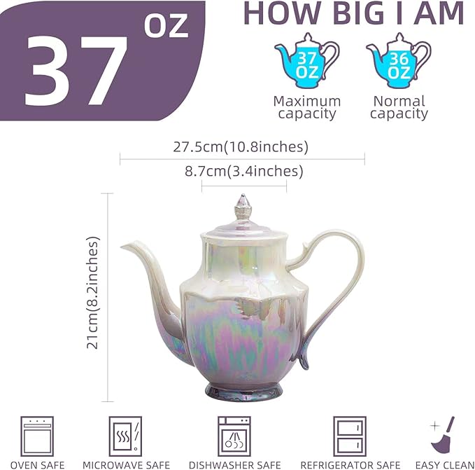ceramic teapot,Porcelain Tea Pot 37 Oz Teapot with lid for Tea, Milk, Coffee, Flower tea (Purple)