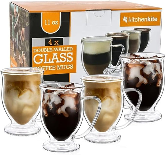 Double Wall Glass Coffee Mugs 11oz Set of 4, Insulated Borosilicate Glass Coffee Cups with Handle - Dishwasher & Microwave Safe Clear Mugs for Cappuccino, Latte, Espresso, Tea