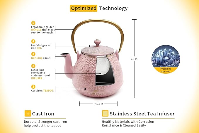 TOPTIER Japanese Cast Iron Teapot with Infuser, Stovetop Safe, Leaf Design Tea Kettle, Enameled Interior, 32 Ounce (950 ml), Blush Pink