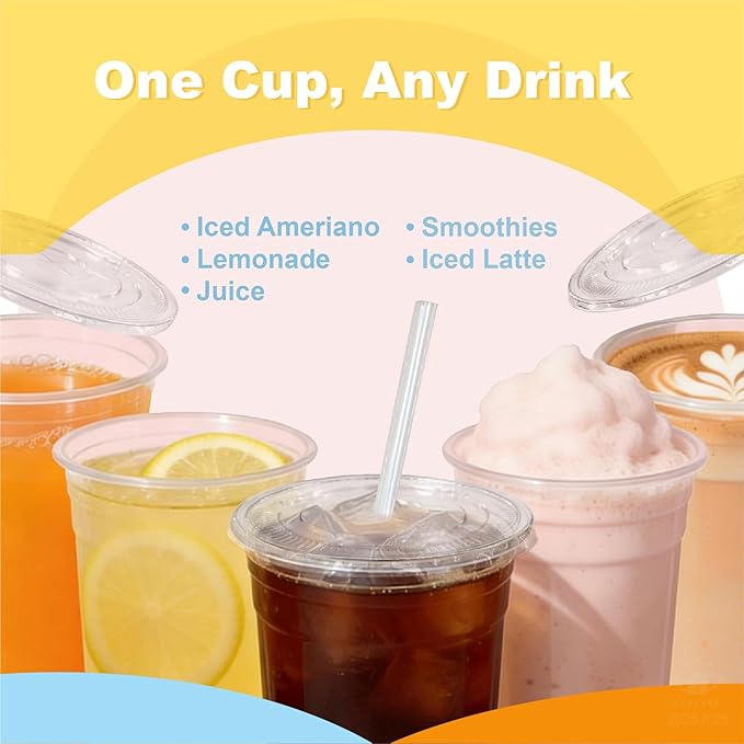 Coolcap 16 oz 100 Pack Disposable Clear Plastic Cups with Lids and Straws, Food Safe Bulk Iced Coffee Cups for Smoothies, Milkshakes and Other Cold Drinks