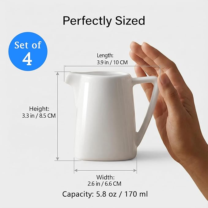 Classic White Small Creamer Pitcher with Handle 5.8 oz/170 ml, 4 Pack Fine Porcelain Square Small Milk Pitcher, Mini Gravy Boat, for Coffee Milk Sauces Salad, Microwave, Freezer Safe