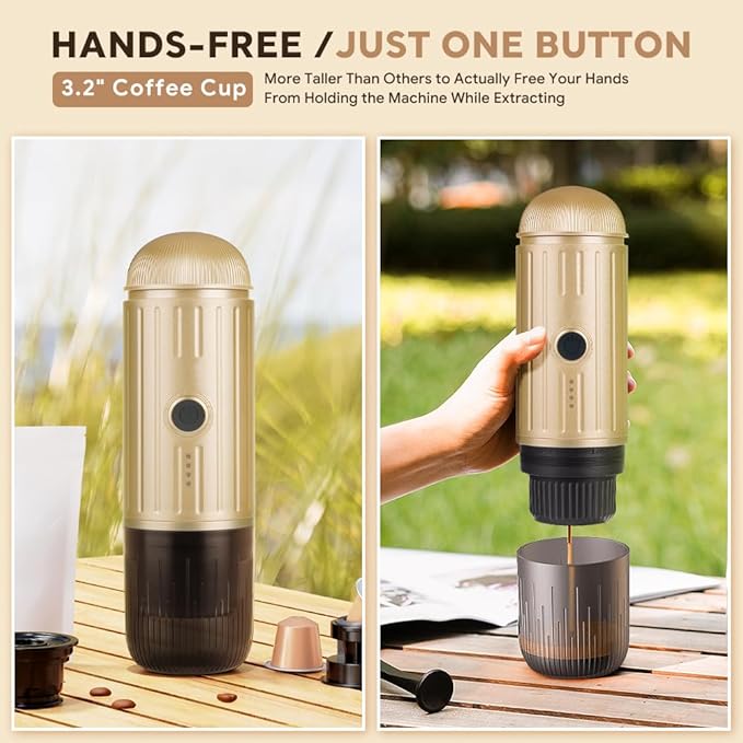 BENFUCHEN Portable Espresso Machine For Travel, USB-C Charging, Self-Heating Electric Espresso Maker, 19 Bar Mini Coffee Maker On the Go For Camping/Hiking, Ground Coffee & NESPRESSOpods (Light Gold)