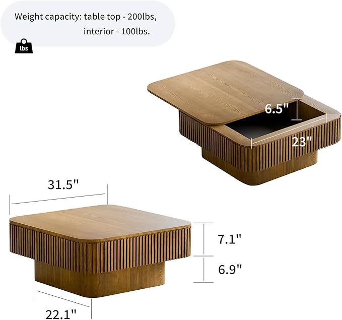 SZTHHDF Square Coffee Table for Living Room,Fluted Drum Accent Tea Center Table with Storage,Solid Wood Modern Coffee Tables for Small Space Office Apartment (31.5" L×31.5''W×14''H-Brown)