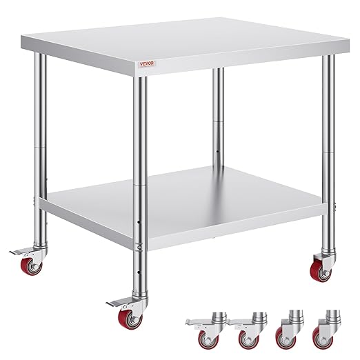 Vevor 30x36x34 Inch Stainless Steel Work Table 3-Stage Adjustable Shelf with 4 Wheels Heavy Duty Commercial Food Prep Worktable with Brake for Kitchen Prep Work